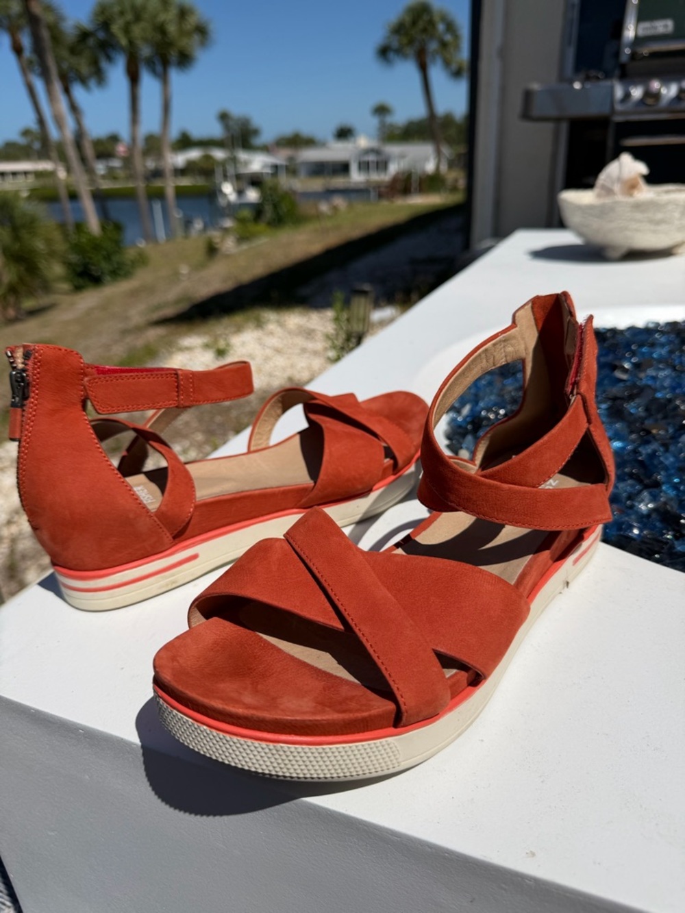 Eileen Fisher Rust Orange Suede Strappy Ankle Sandals - Picture 3 of 13